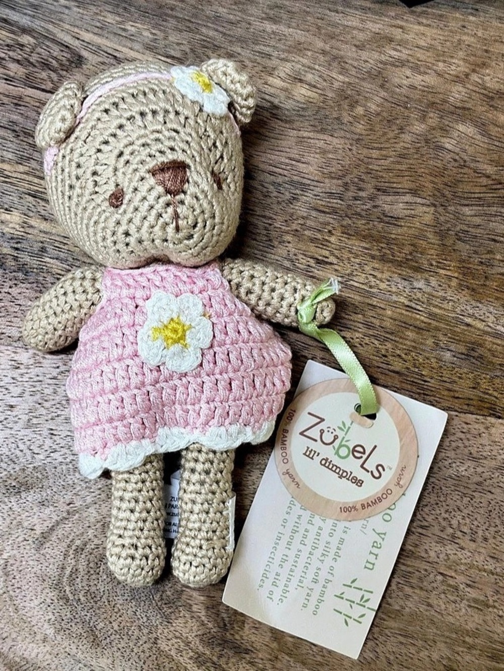 Zubels Lil' Dimples Crochet Bear Rattle  Doll Pink & Tan